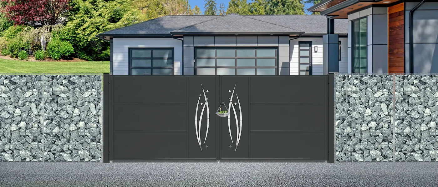 CNC METAL GATES SERENADE WIDTH 400CM & HEIGHT 160CM GREEN & GREY SQUARE POST & FRAME