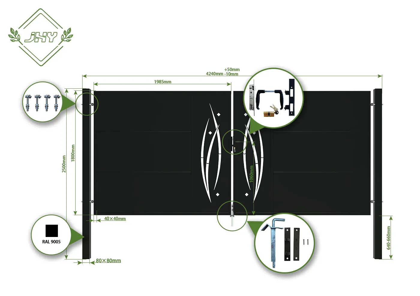 CNC METAL GATES SERENADE WIDTH 400CM & HEIGHT 180CM GREEN & GREY SQUARE POST & FRAME
