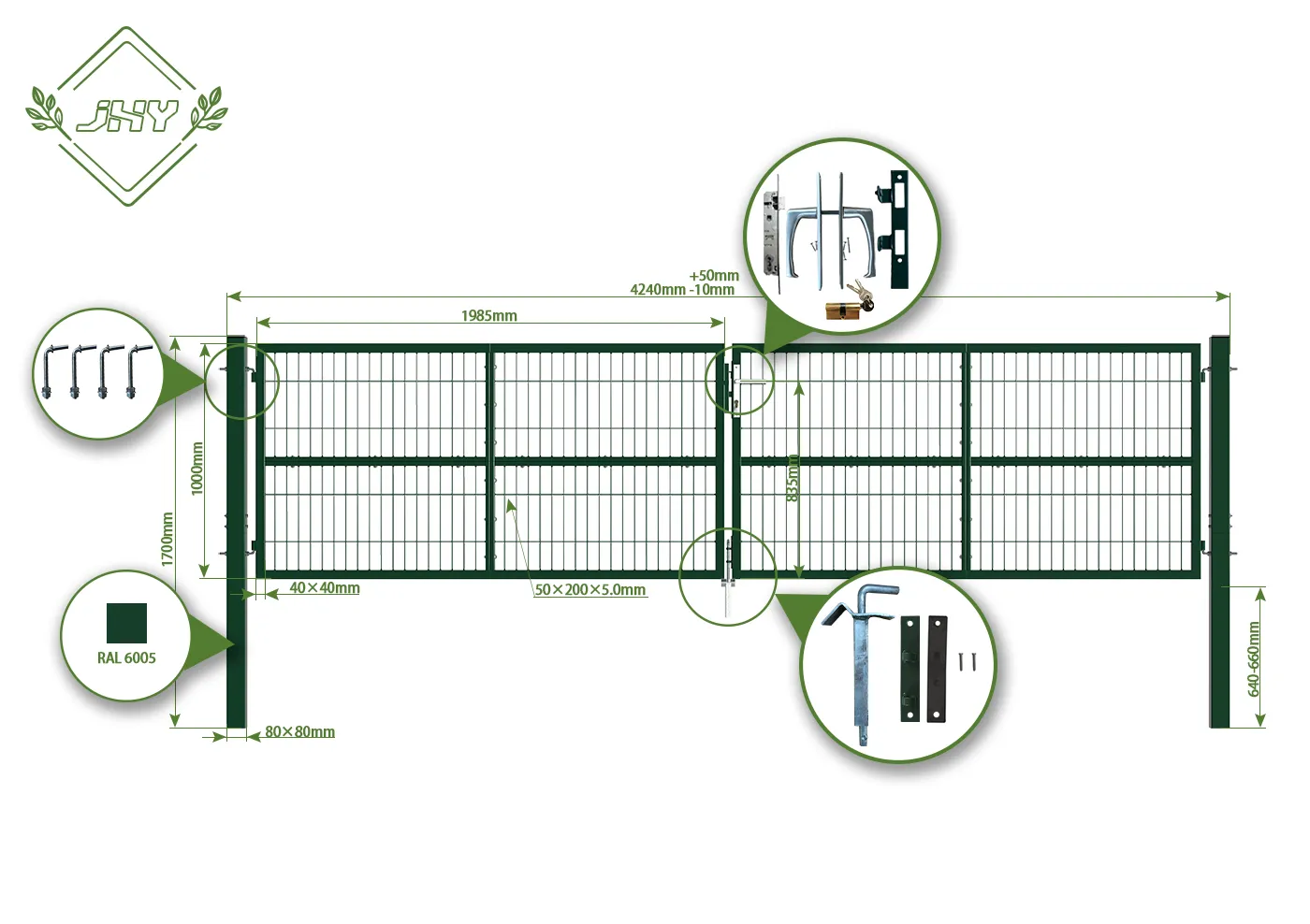 6/5/6 2D MESH FENCING GARDEN GATES WIDTH 400CM & HEIGHT 100CM GREEN & GREY SQUARE POST & FRAME