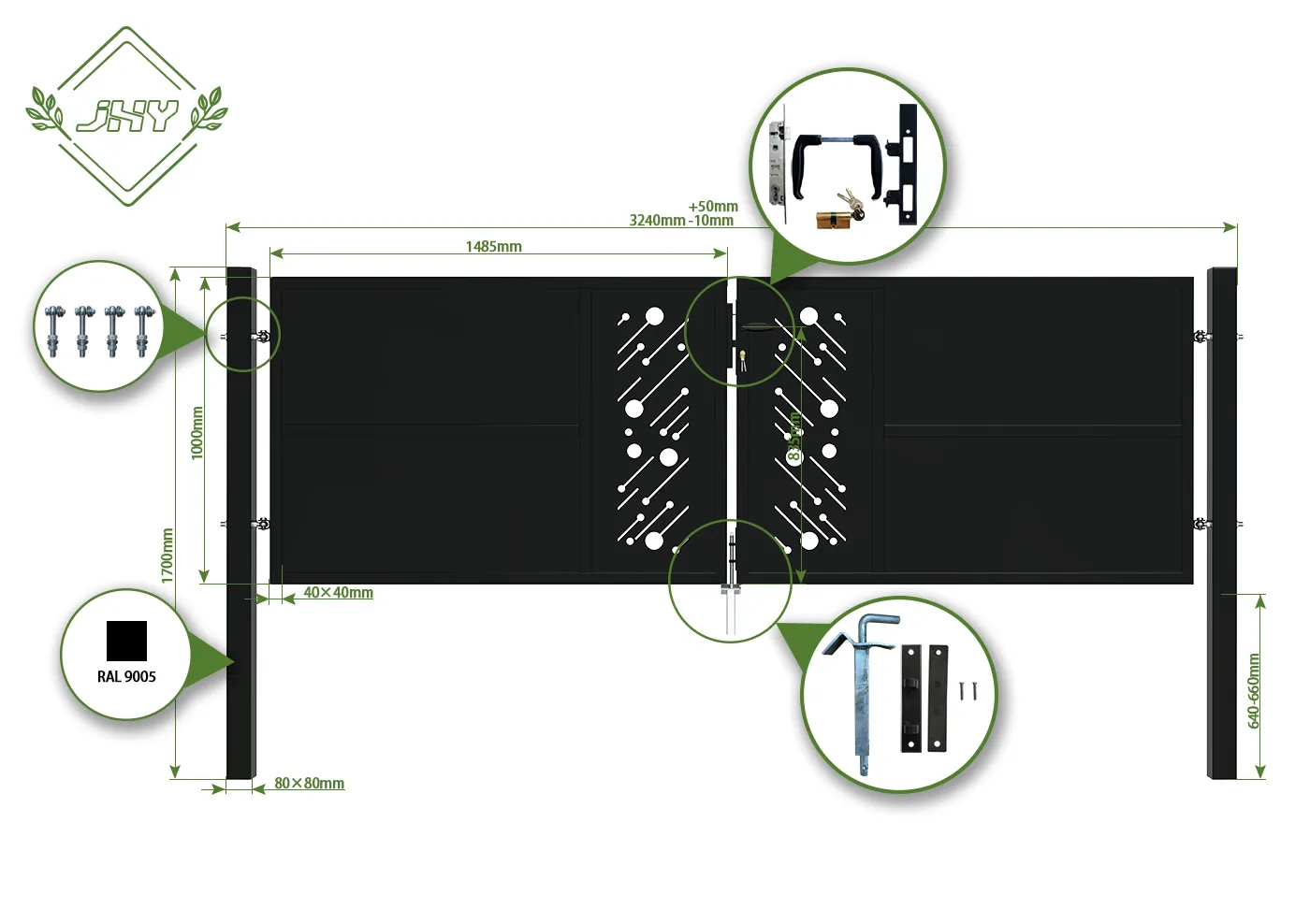 CNC STEEL GATE STARRY WIDTH 300CM & HEIGHT 100CM GREEN & GREY SQUARE POST & FRAME