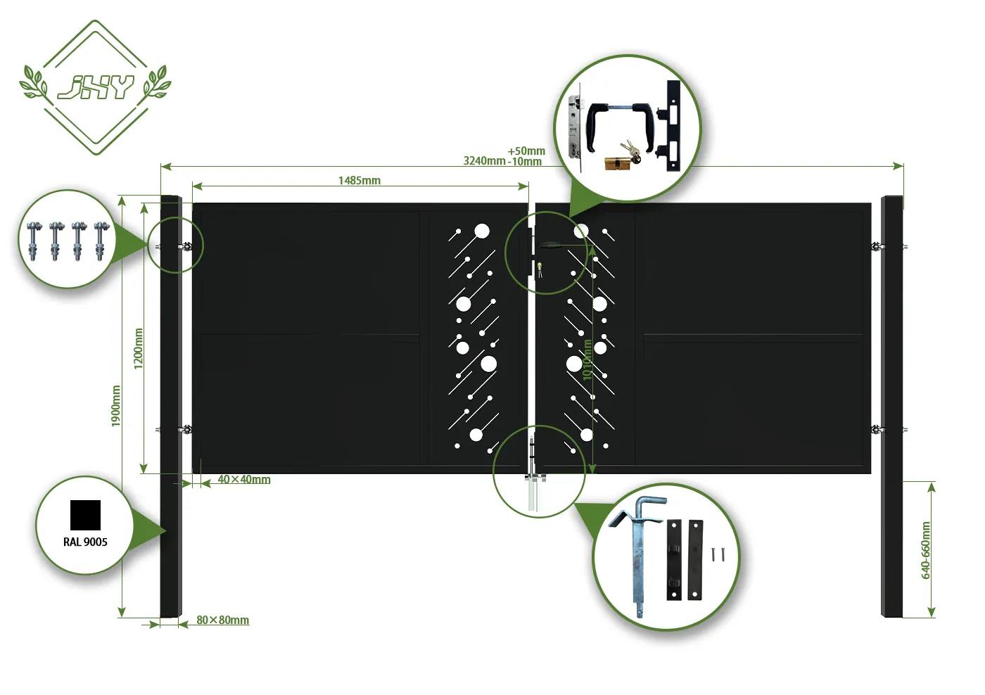 CNC STEEL GATE STARRY WIDTH 300CM & HEIGHT 120CM BLACK SQUARE POST & FRAME