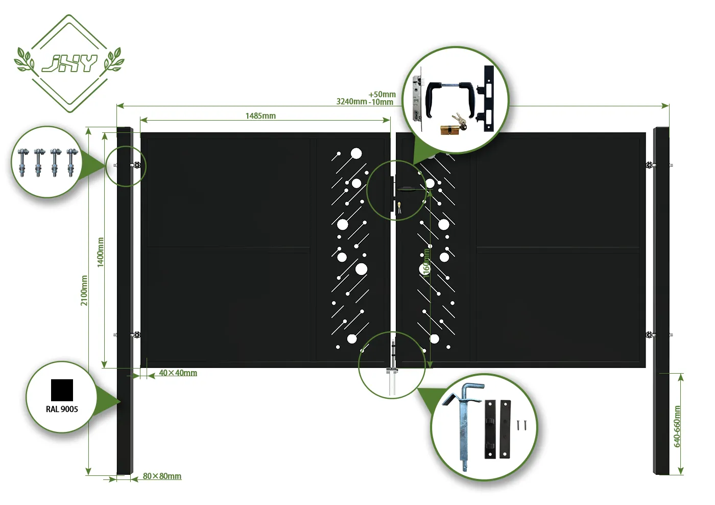 CNC STEEL GATE STARRY WIDTH 300CM & HEIGHT 140CM BLACK SQUARE POST & FRAME