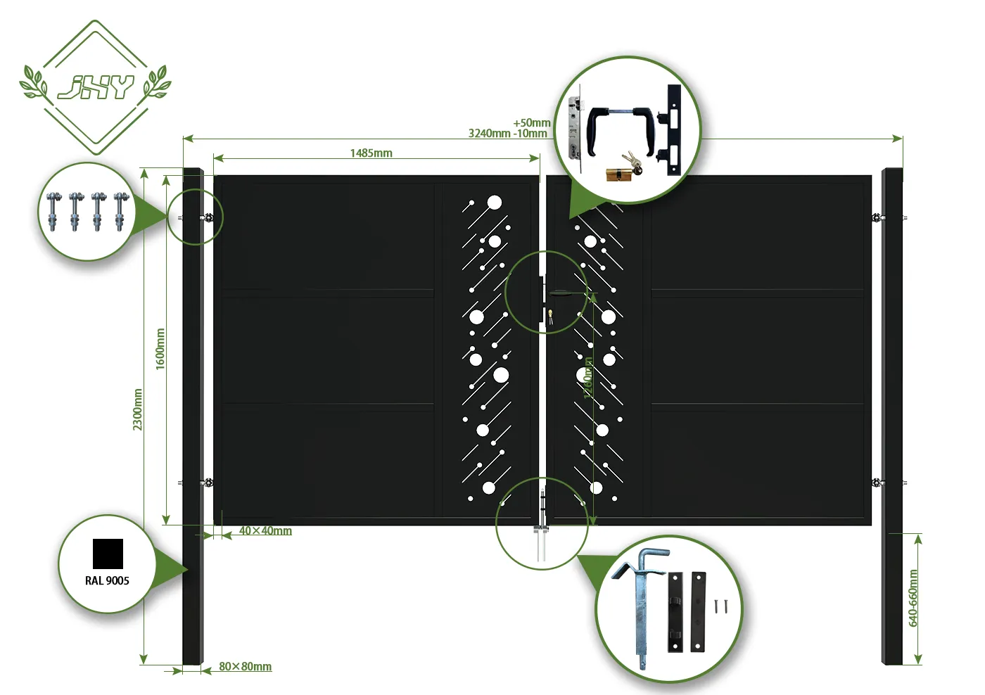 CNC STEEL GATE STARRY WIDTH 300CM & HEIGHT 160CM BLACK SQUARE POST & FRAME