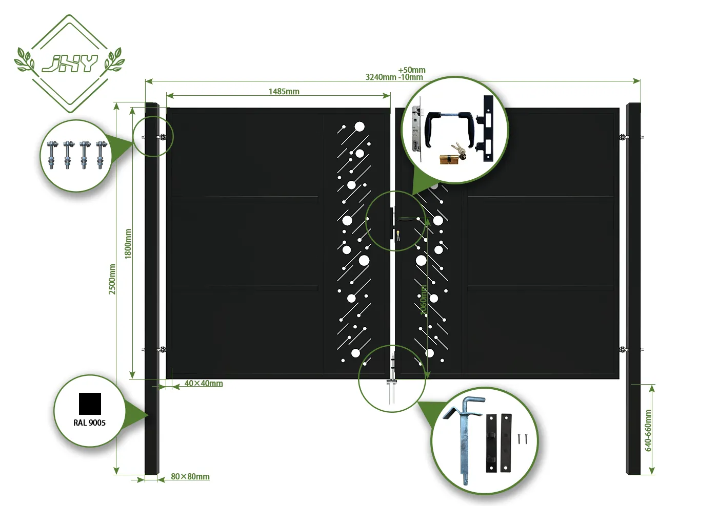 CNC STEEL GATE STARRY WIDTH 300CM & HEIGHT 180CM BLACK SQUARE POST & FRAME