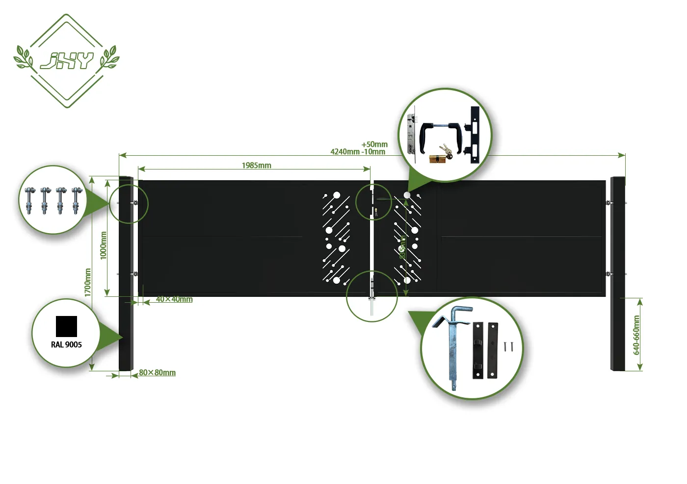 CNC STEEL GATE STARRY WIDTH 400CM & HEIGHT 100CM BLACK SQUARE POST & FRAME