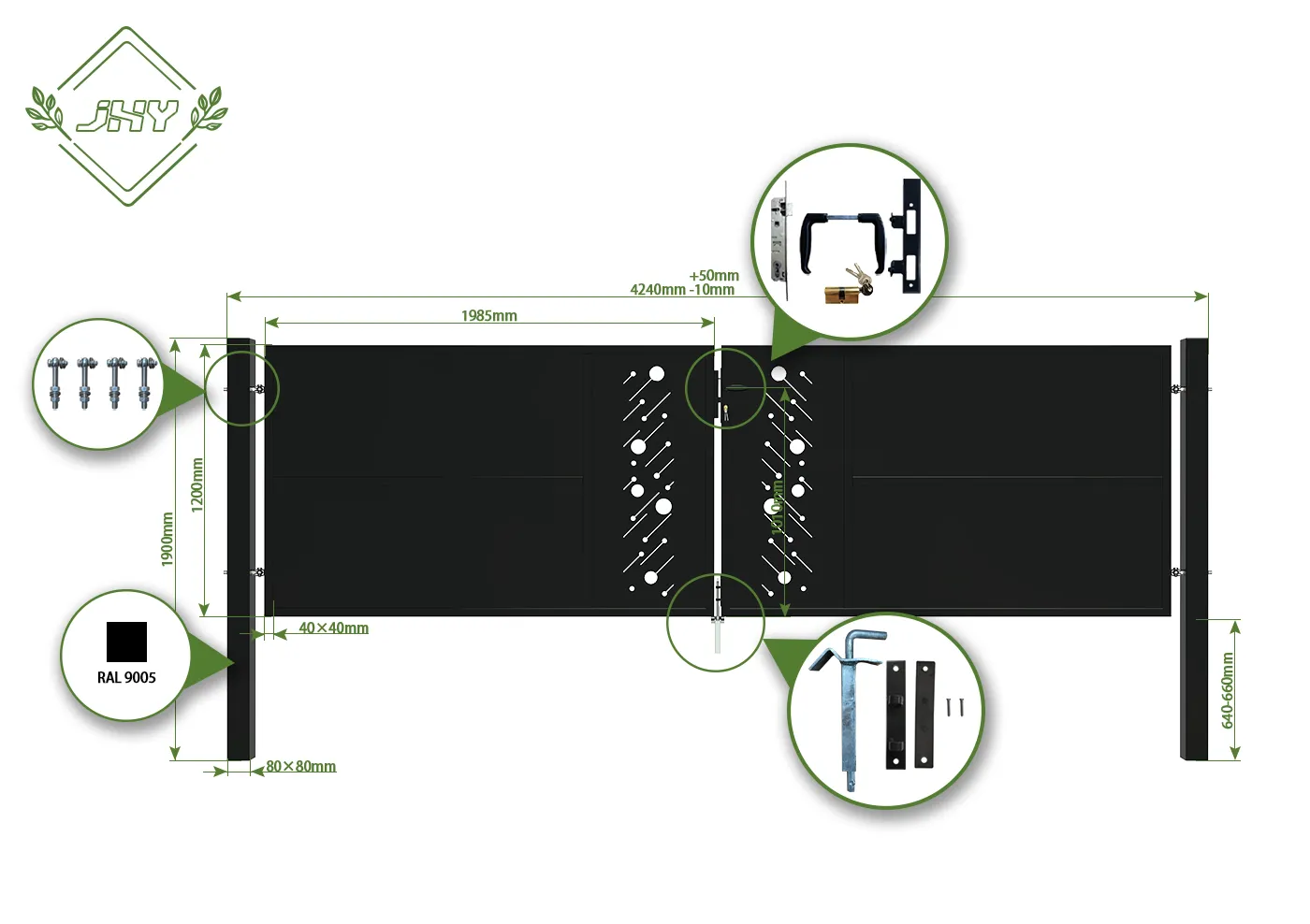 CNC STEEL GATE STARRY WIDTH 400CM & HEIGHT 120CM BLACK SQUARE POST & FRAME