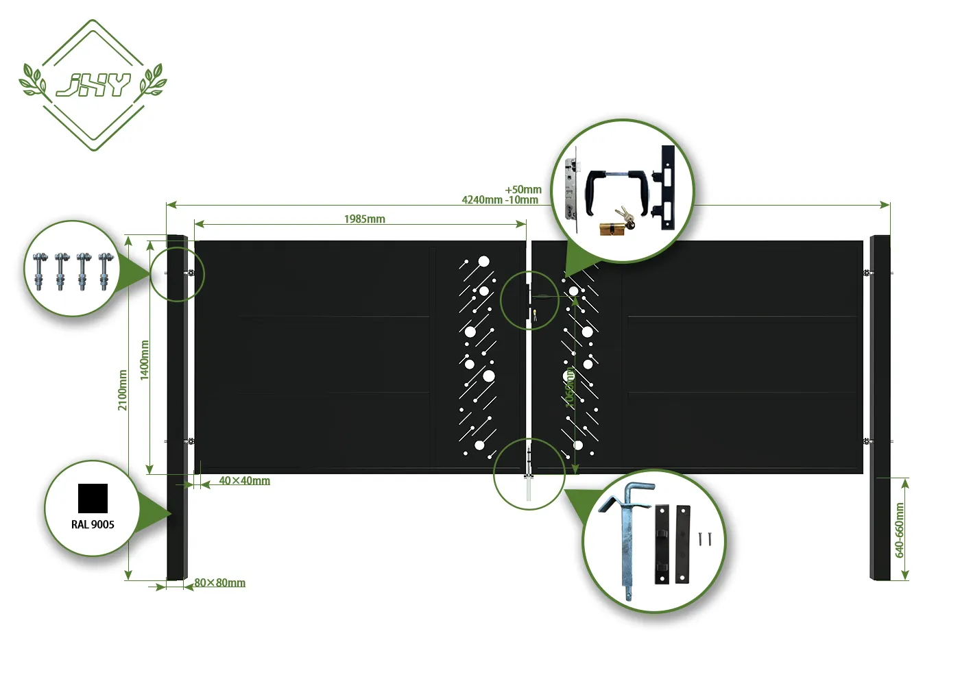 CNC STEEL GATE STARRY WIDTH 400CM & HEIGHT 140CM BLACK SQUARE POST & FRAME