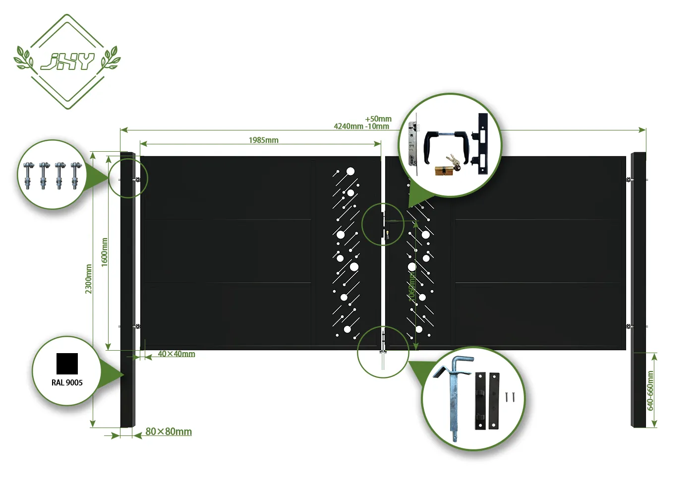 CNC STEEL GATE STARRY WIDTH 400CM & HEIGHT 160CM BLACK SQUARE POST & FRAME