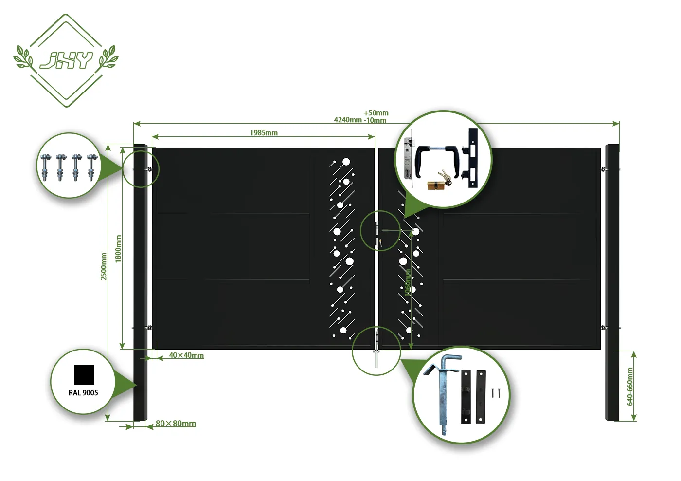 CNC STEEL GATE STARRY WIDTH 400CM & HEIGHT 180CM BLACK SQUARE POST & FRAME
