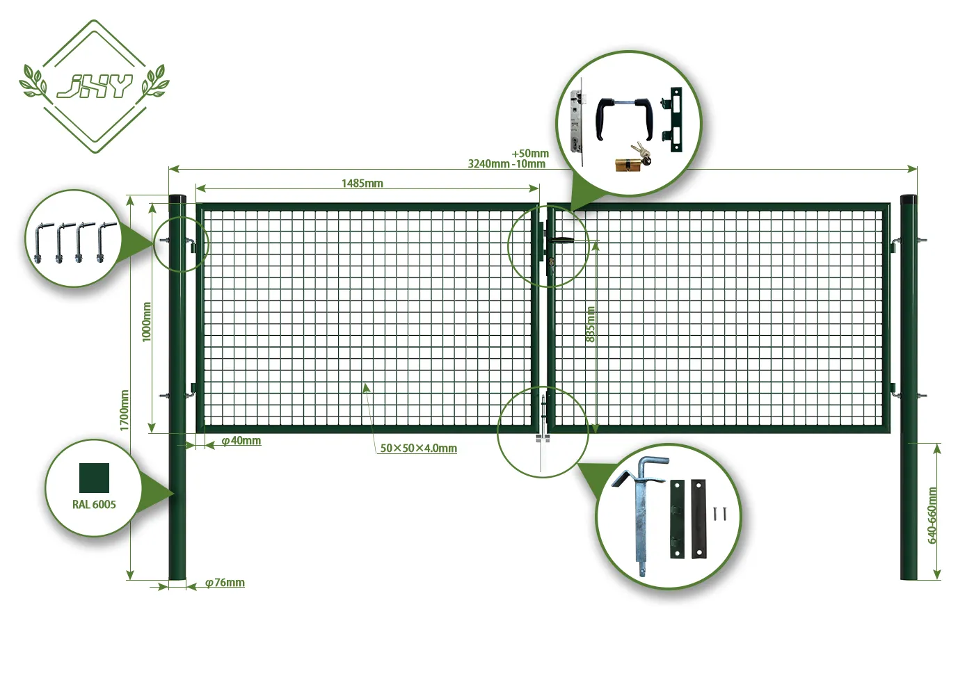 MESH FENCE GARDEN GATES WIDTH 300CM & HEIGHT 100CM GREEN & GREY SQUARE POST & FRAME
