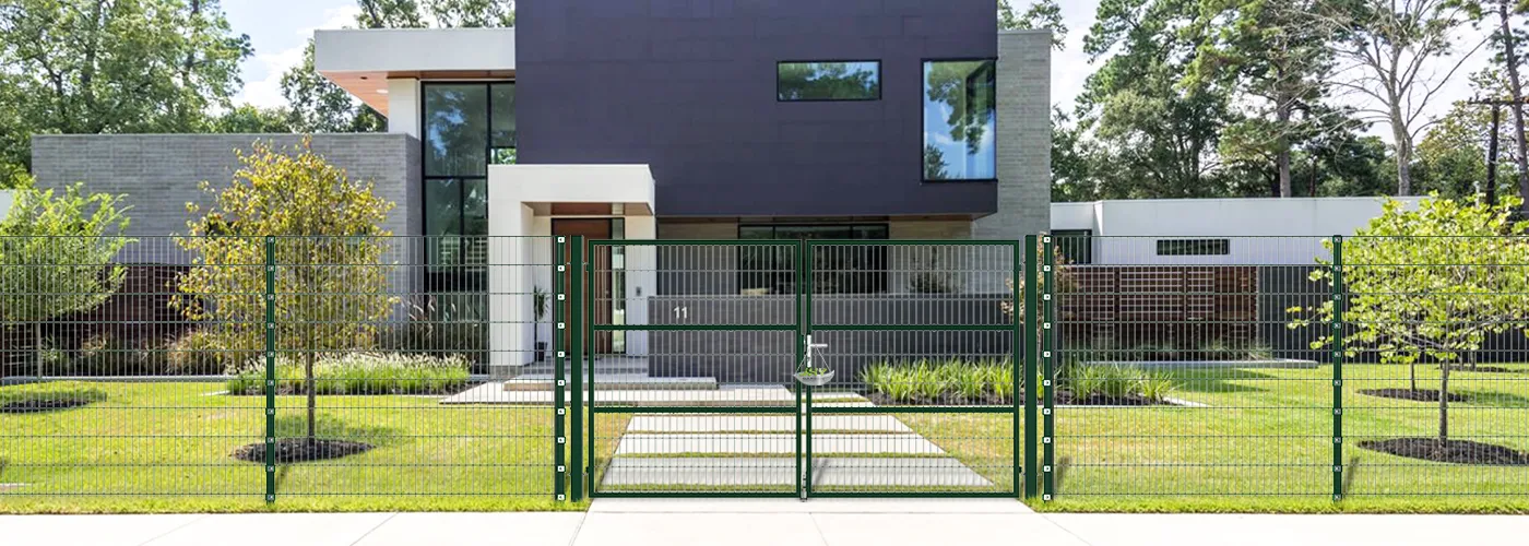 COMPOSITE WIRE MESH GARDEN GATE WIDTH 300CM & HEIGHT 180CM GREEN & GREY SQUARE POST & FRAME