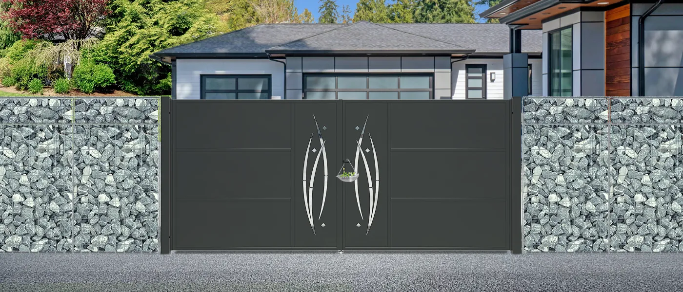 CNC METAL GATES SERENADE WIDTH 400CM & HEIGHT 180CM GREEN & GREY SQUARE POST & FRAME