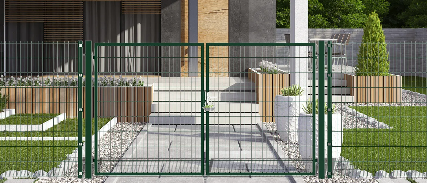 2D MESH FENCING GARDEN GATES WIDTH 300CM & HEIGHT 180CM GREEN & GREY SQUARE POST & FRAME