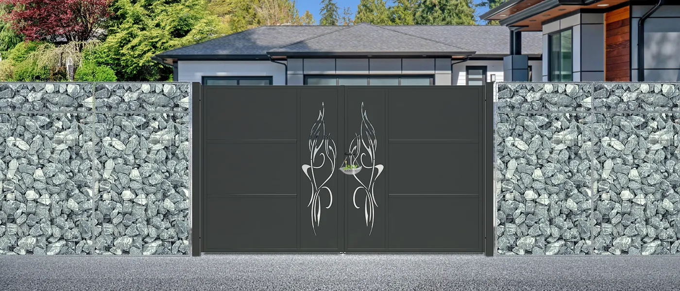 CNC OUTDOOR IRON GATE TRANQUILITY WIDTH 300CM & HEIGHT 180CM BLACK SQUARE POST & FRAME