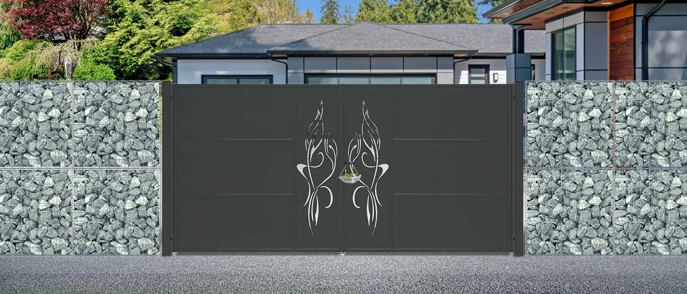 CNC OUTDOOR IRON GATE TRANQUILITY WIDTH 400CM & HEIGHT 200CM BLACK SQUARE POST & FRAME