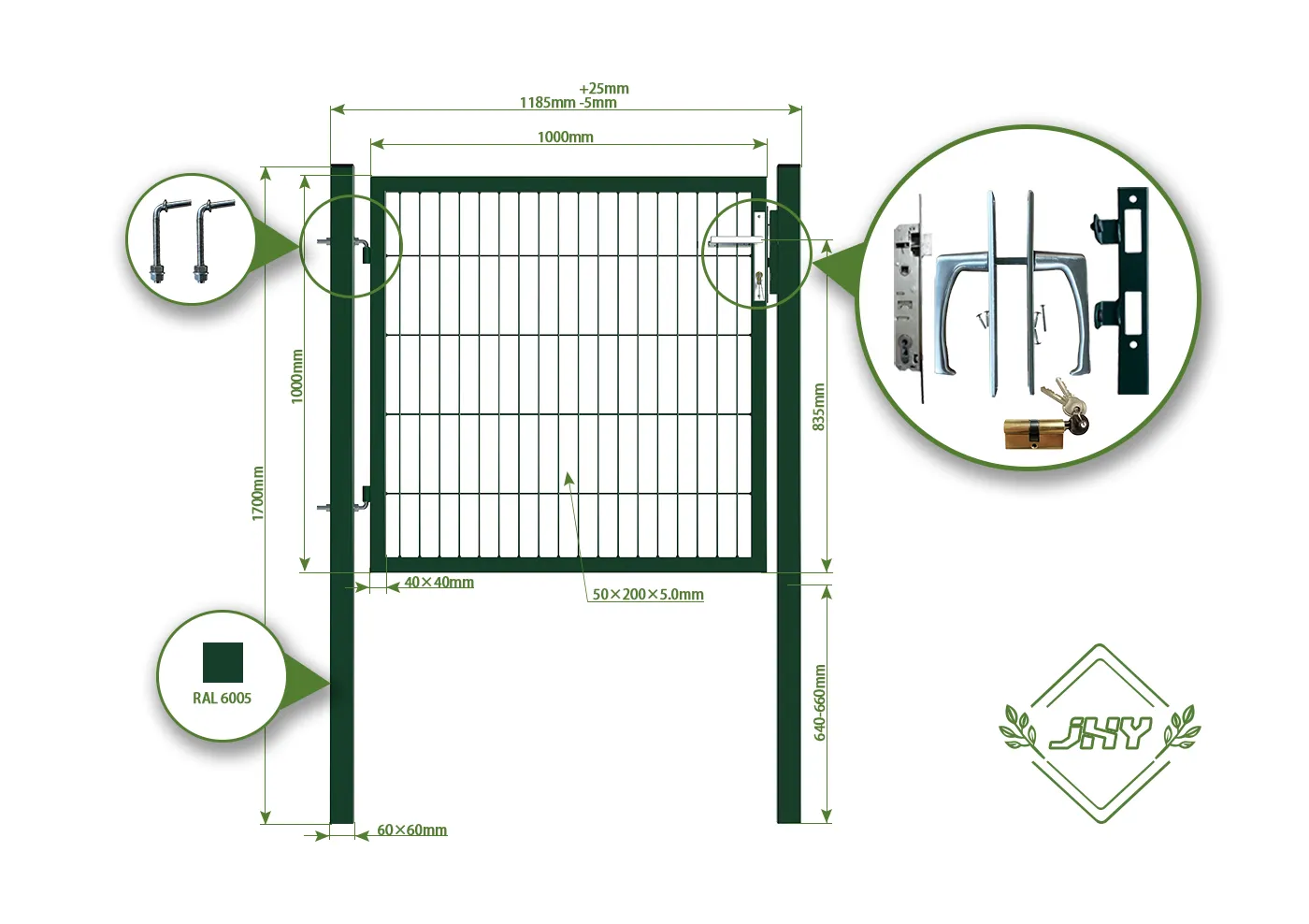 2D MESH FENCING GARDEN GATES WIDTH 100CM & HEIGHT 100CM GREEN & GREY SQUARE POST & FRAME