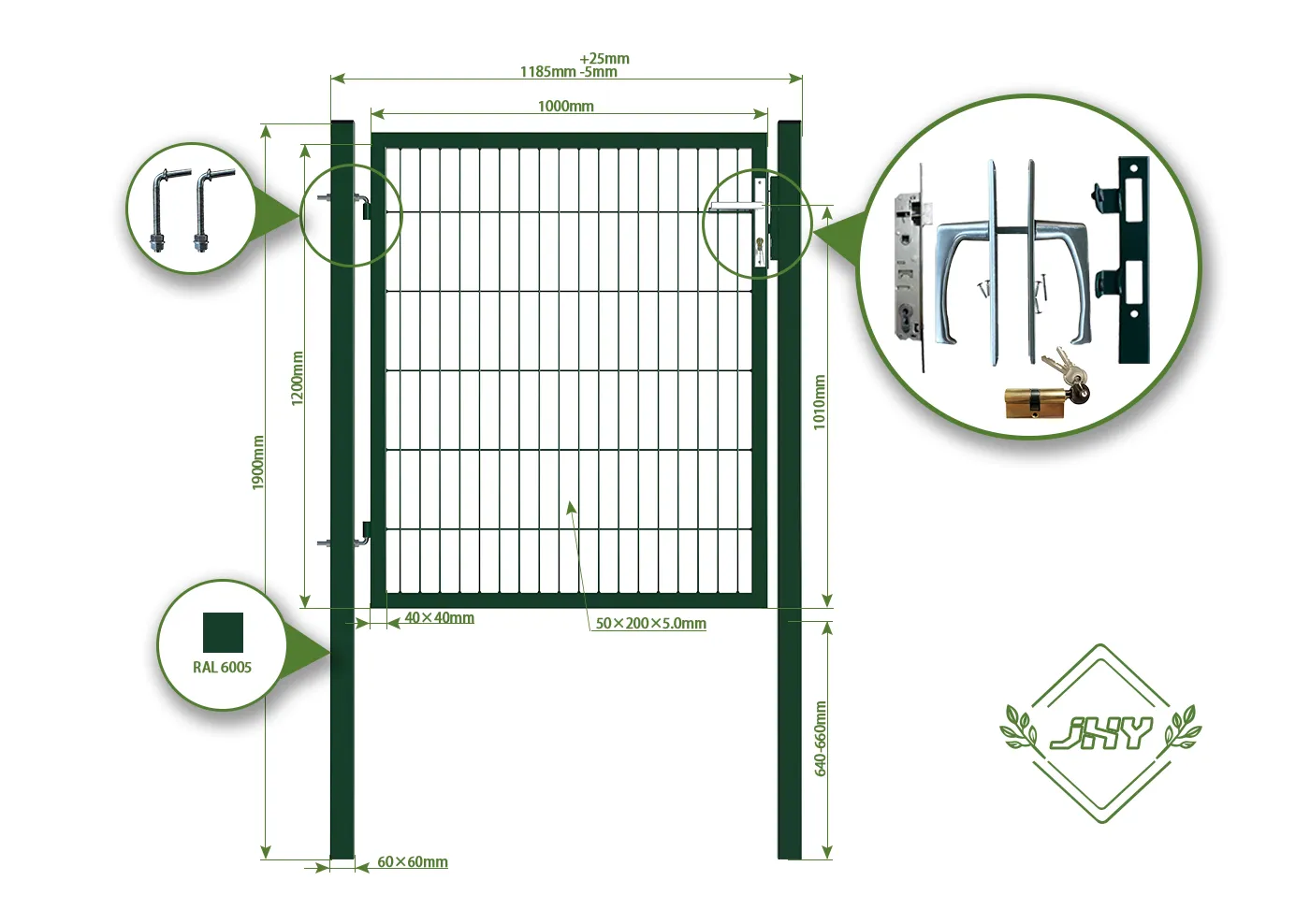 6/5/6 2D MESH FENCING GARDEN GATES WIDTH 100CM & HEIGHT 120CM GREEN & GREY SQUARE POST & FRAME