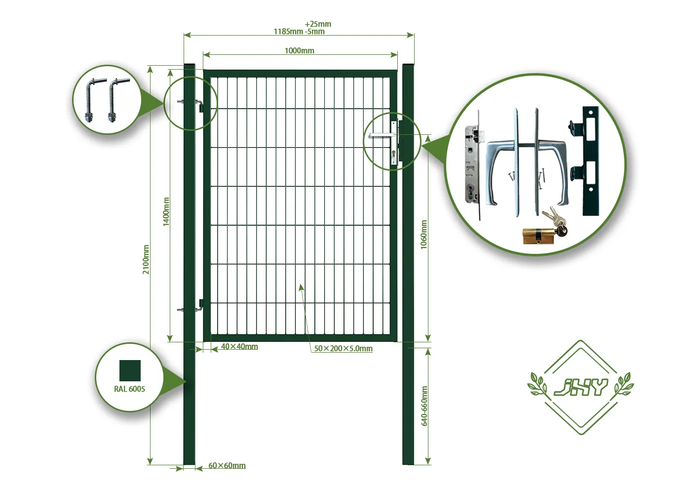 2D MESH FENCING GARDEN GATES WIDTH 100CM & HEIGHT 140CM GREEN & GREY SQUARE POST & FRAME