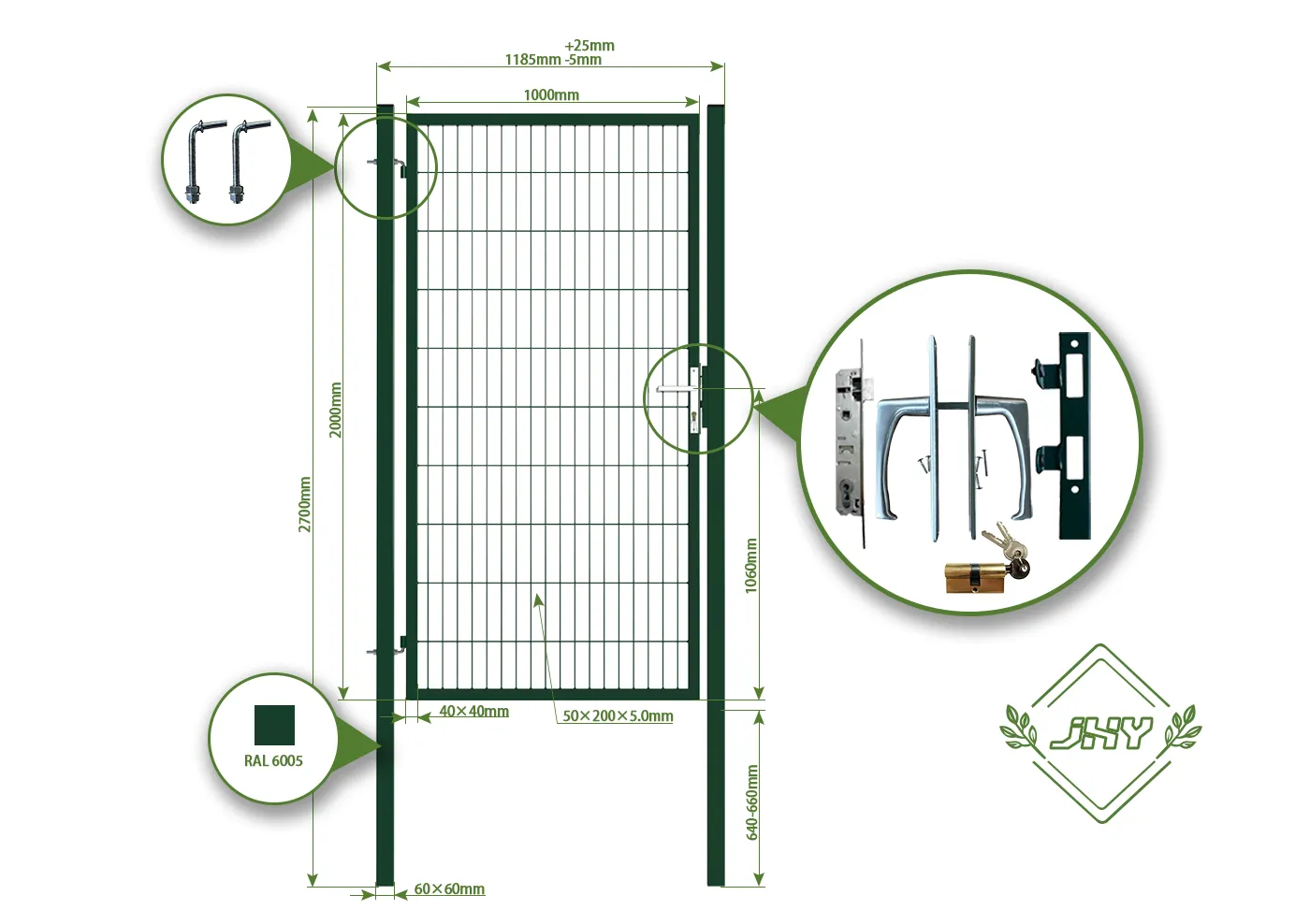 2D MESH FENCING GARDEN GATES WIDTH 100CM & HEIGHT 200CM GREEN & GREY SQUARE POST & FRAME