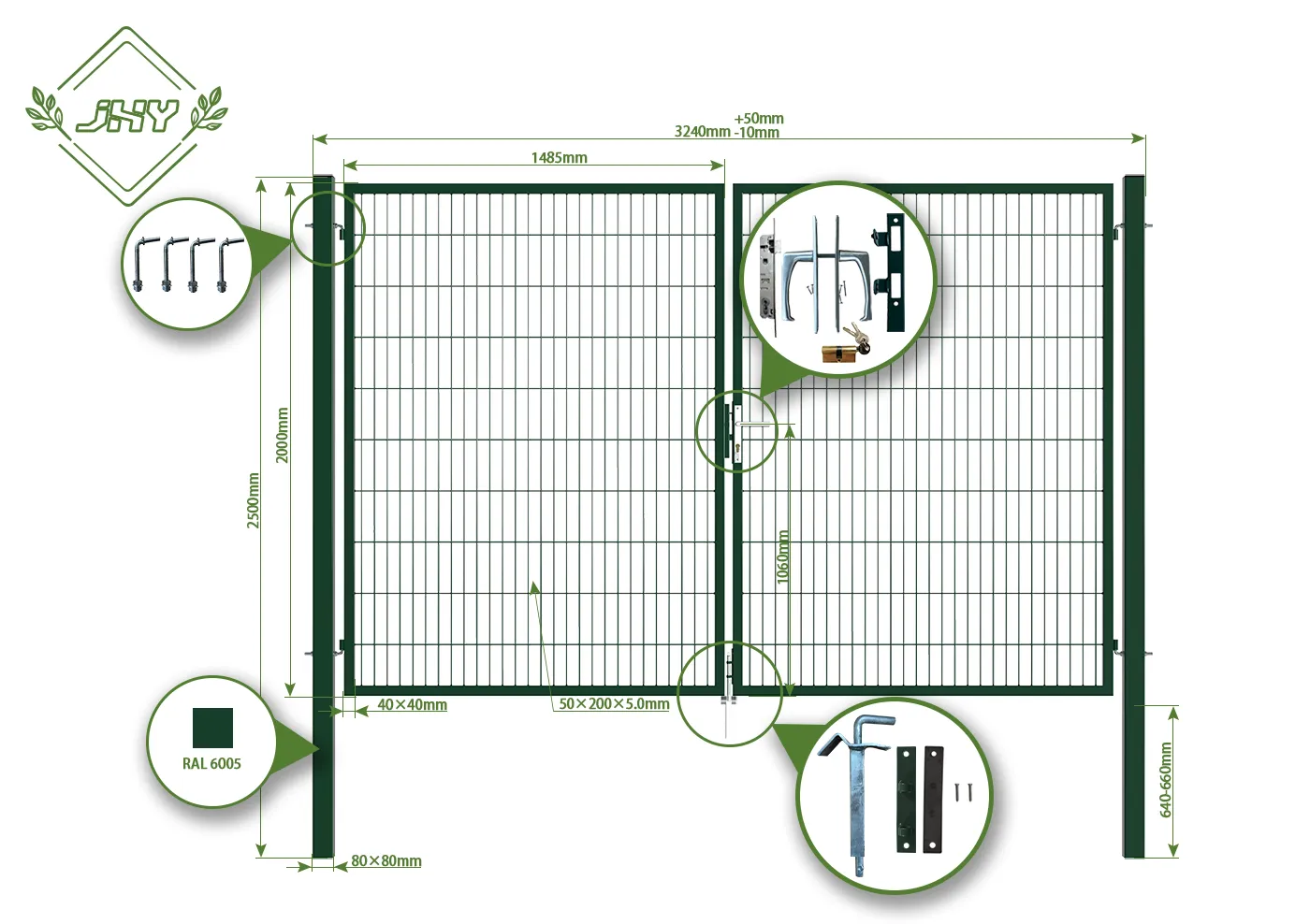 2D MESH FENCING GARDEN GATES WIDTH 300CM & HEIGHT 200CM GREEN & GREY SQUARE POST & FRAME