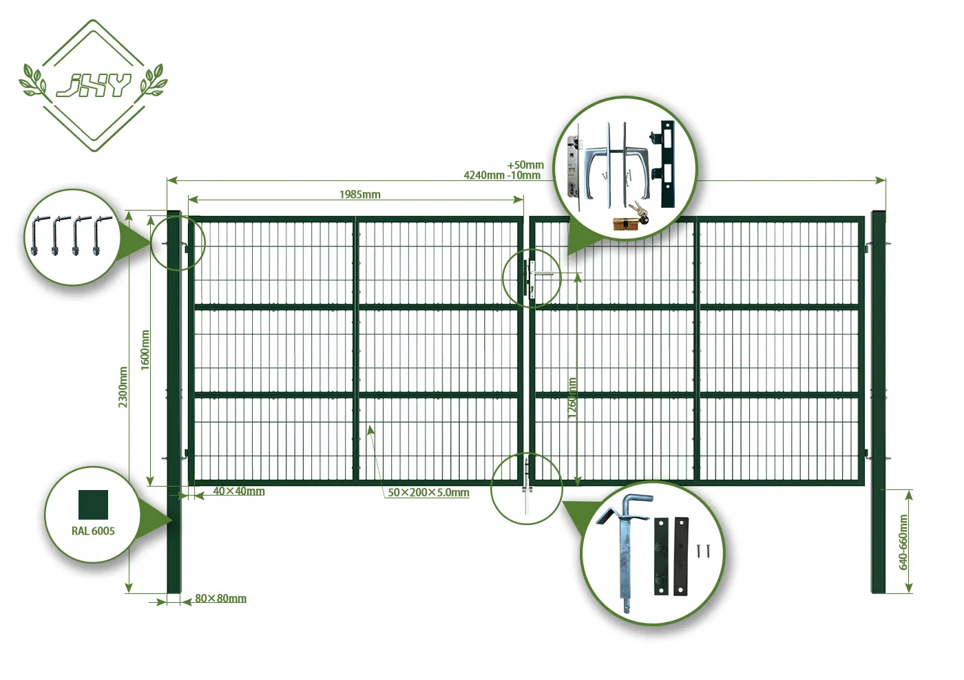 2D MESH FENCING GARDEN GATES WIDTH 400CM & HEIGHT 160CM GREEN & GREY SQUARE POST & FRAME