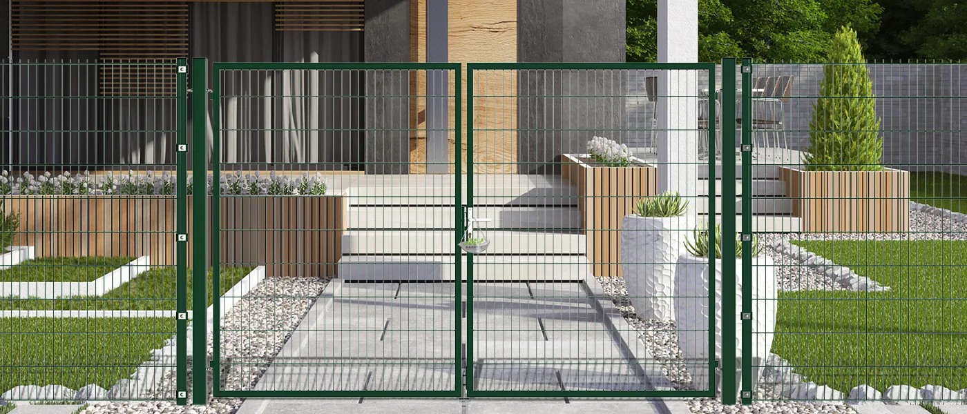 2D MESH FENCING GARDEN GATES WIDTH 300CM & HEIGHT 200CM GREEN & GREY SQUARE POST & FRAME