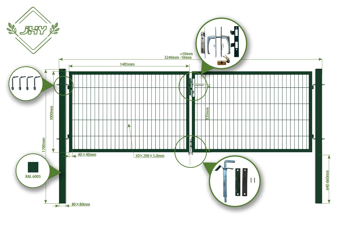 6/5/6 2D MESH FENCING GARDEN GATES WIDTH 300CM & HEIGHT 100CM GREEN & GREY SQUARE POST & FRAME
