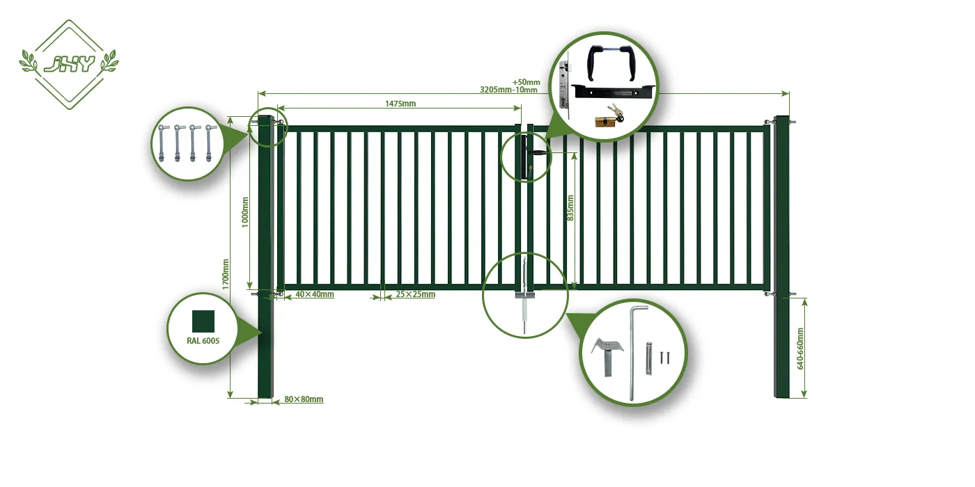 TUBULAR GARDEN GATE WIDTH 300CM & HEIGHT 100CM GREEN & GREY SQUARE POST & FRAME