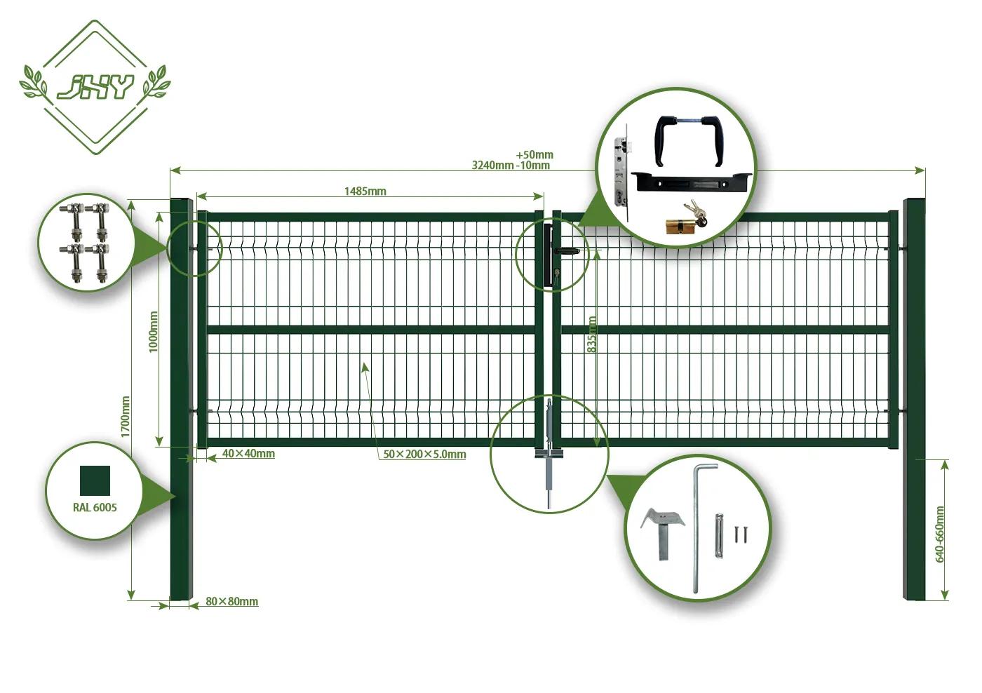 3D FENCING GARDEN GATE WIDTH 300CM & HEIGHT 100CM GREEN & GREY SQUARE POST & FRAME