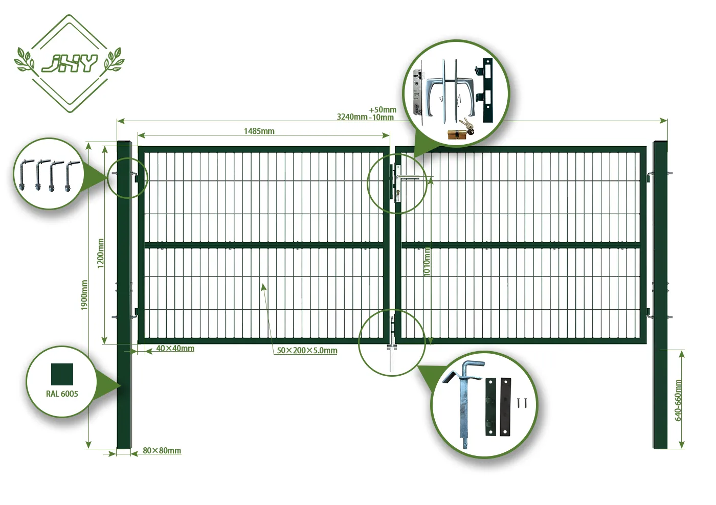 COMPOSITE WIRE MESH GARDEN GATE WIDTH 300CM & HEIGHT 120CM GREEN & GREY SQUARE POST & FRAME