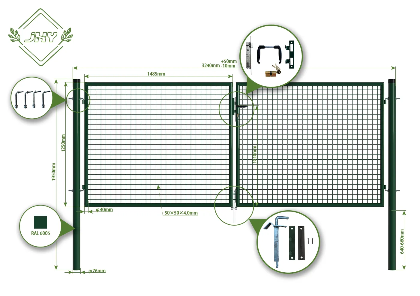 MESH FENCE GARDEN GATES WIDTH 300CM & HEIGHT 125CM GREEN & GREY SQUARE POST & FRAME