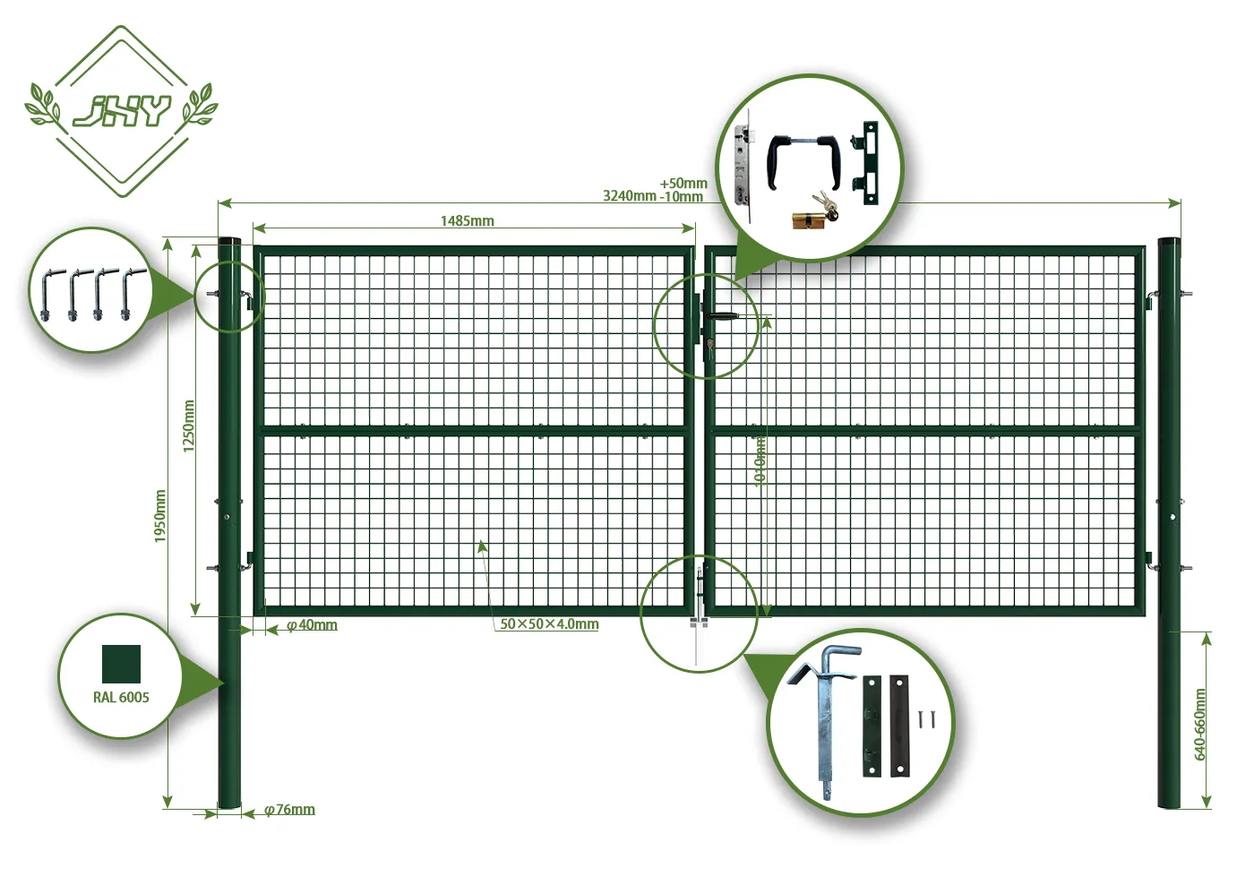 COMPOSITE FENCING GATE WIDTH 300CM & HEIGHT 125CM GREEN & GREY SQUARE POST & FRAME