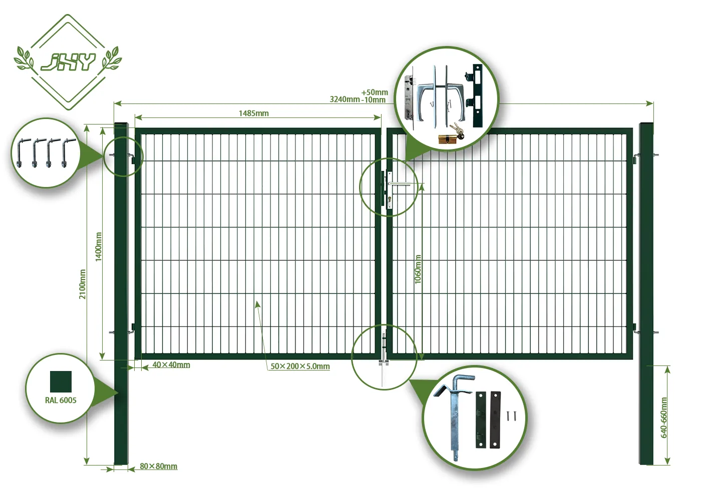 6/5/6 2D MESH FENCING GARDEN GATES WIDTH 300CM & HEIGHT 140CM GREEN & GREY SQUARE POST & FRAME