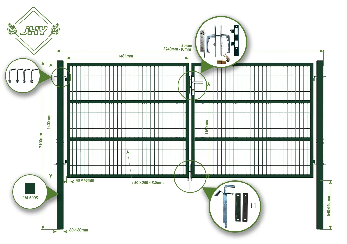 COMPOSITE WIRE MESH GARDEN GATE WIDTH 300CM & HEIGHT 140CM GREEN & GREY SQUARE POST & FRAME