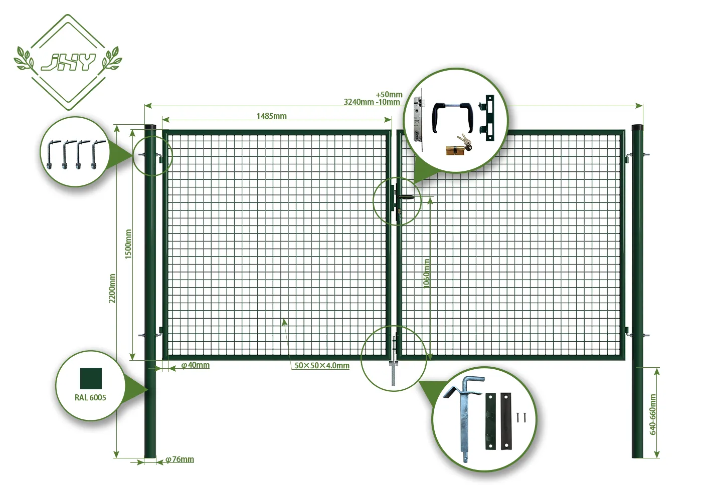 MESH FENCE GARDEN GATES WIDTH 300CM & HEIGHT 150CM GREEN & GREY SQUARE POST & FRAME
