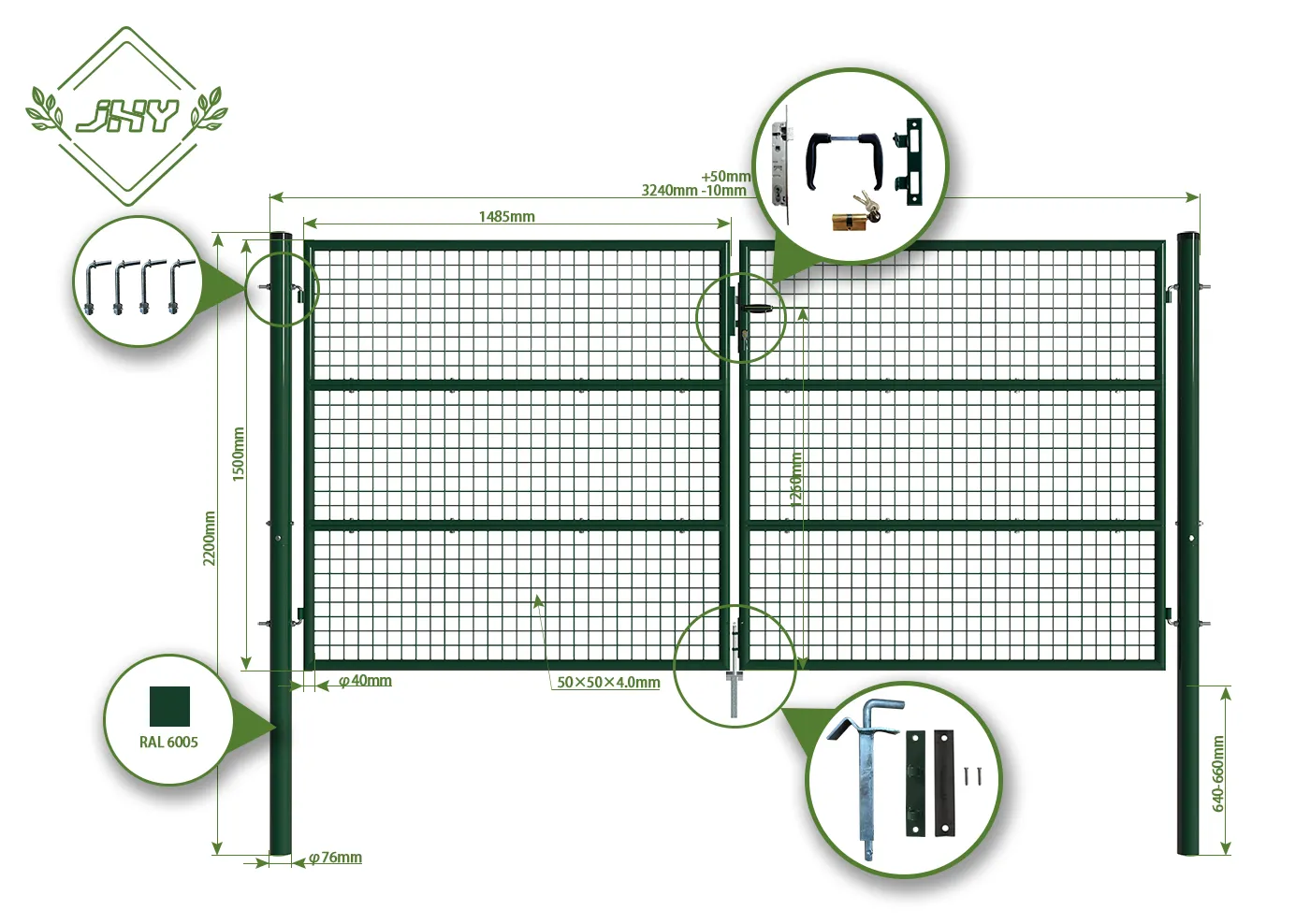 COMPOSITE FENCING GATE WIDTH 300CM & HEIGHT 150CM GREEN & GREY SQUARE POST & FRAME