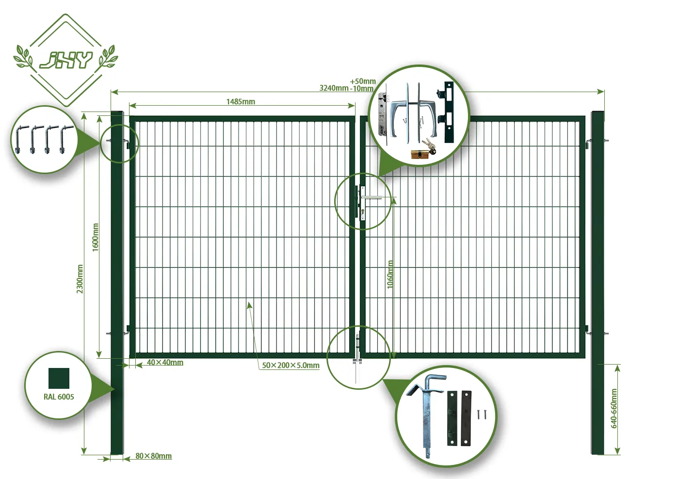 6/5/6 2D MESH FENCING GARDEN GATES WIDTH 300CM & HEIGHT 160CM GREEN & GREY SQUARE POST & FRAME