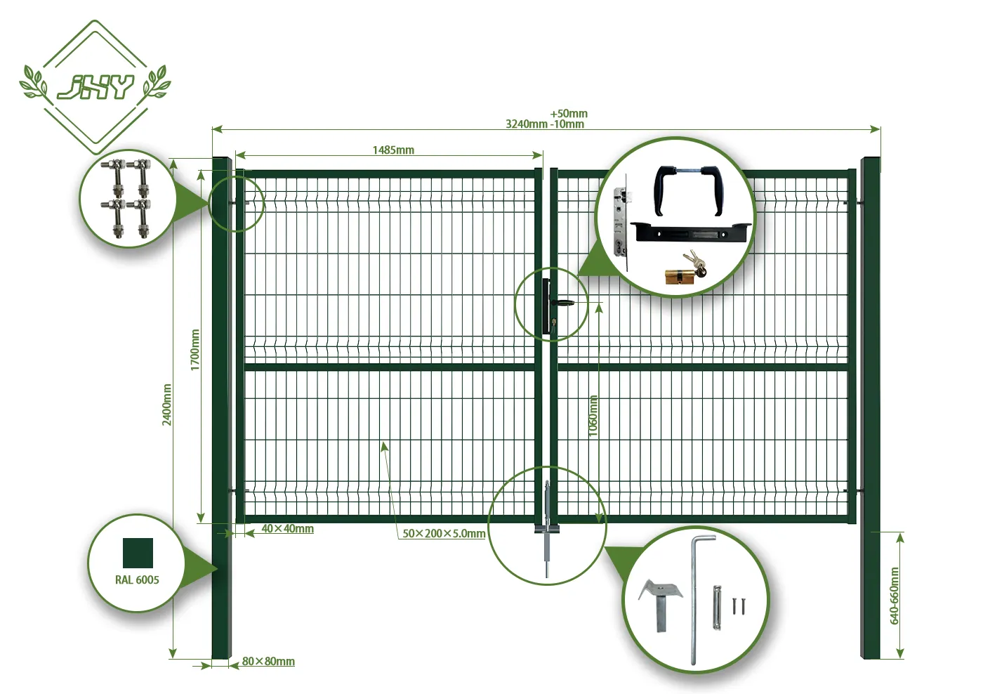 3D FENCING GARDEN GATE WIDTH 300CM & HEIGHT 170CM GREEN & GREY SQUARE POST & FRAME