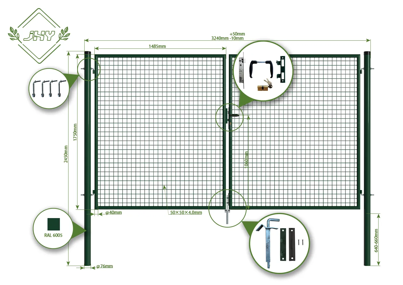 MESH FENCE GARDEN GATES WIDTH 300CM & HEIGHT 175CM GREEN & GREY SQUARE POST & FRAME