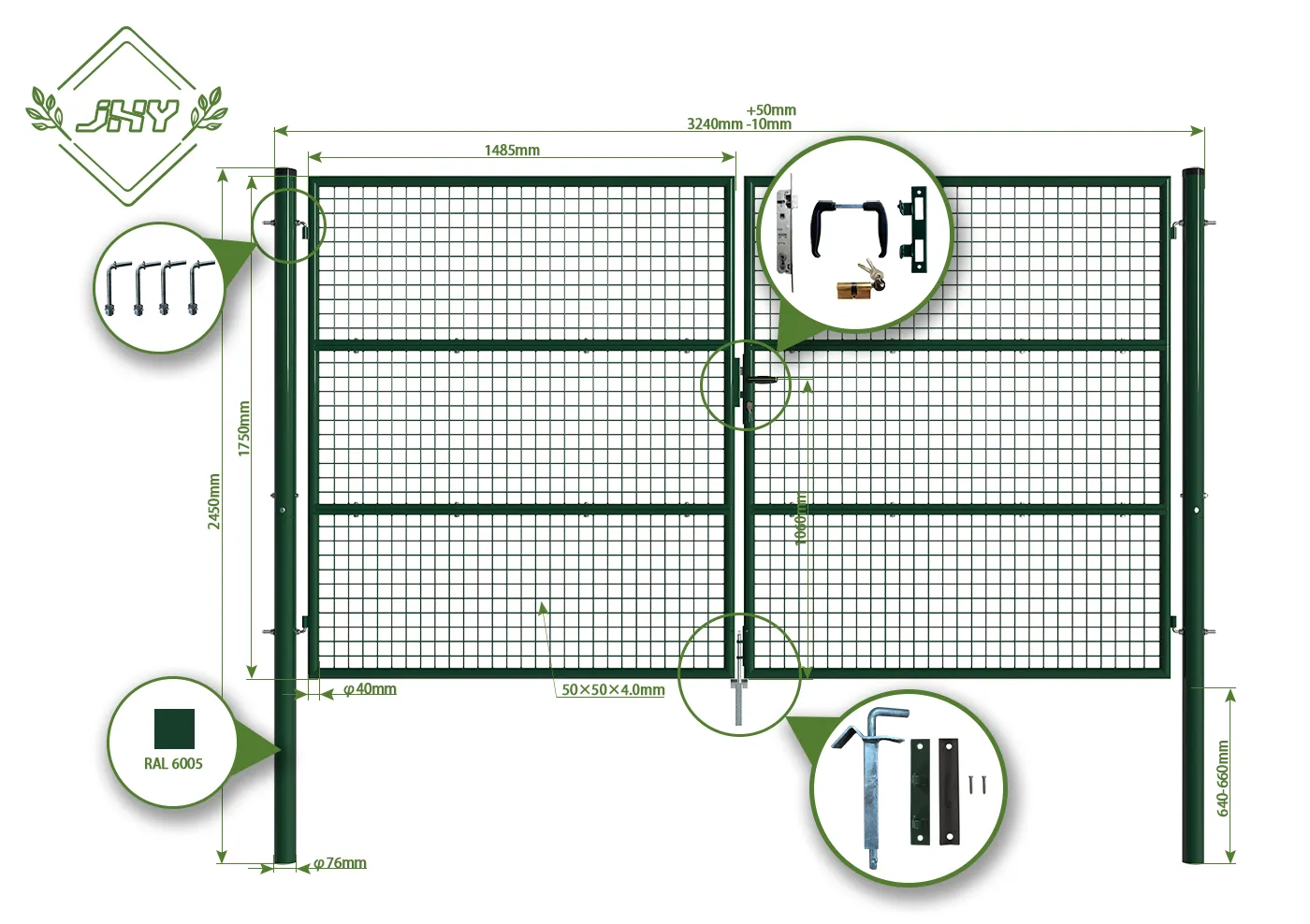 COMPOSITE FENCING GATE WIDTH 300CM & HEIGHT 175CM GREEN & GREY SQUARE POST & FRAME