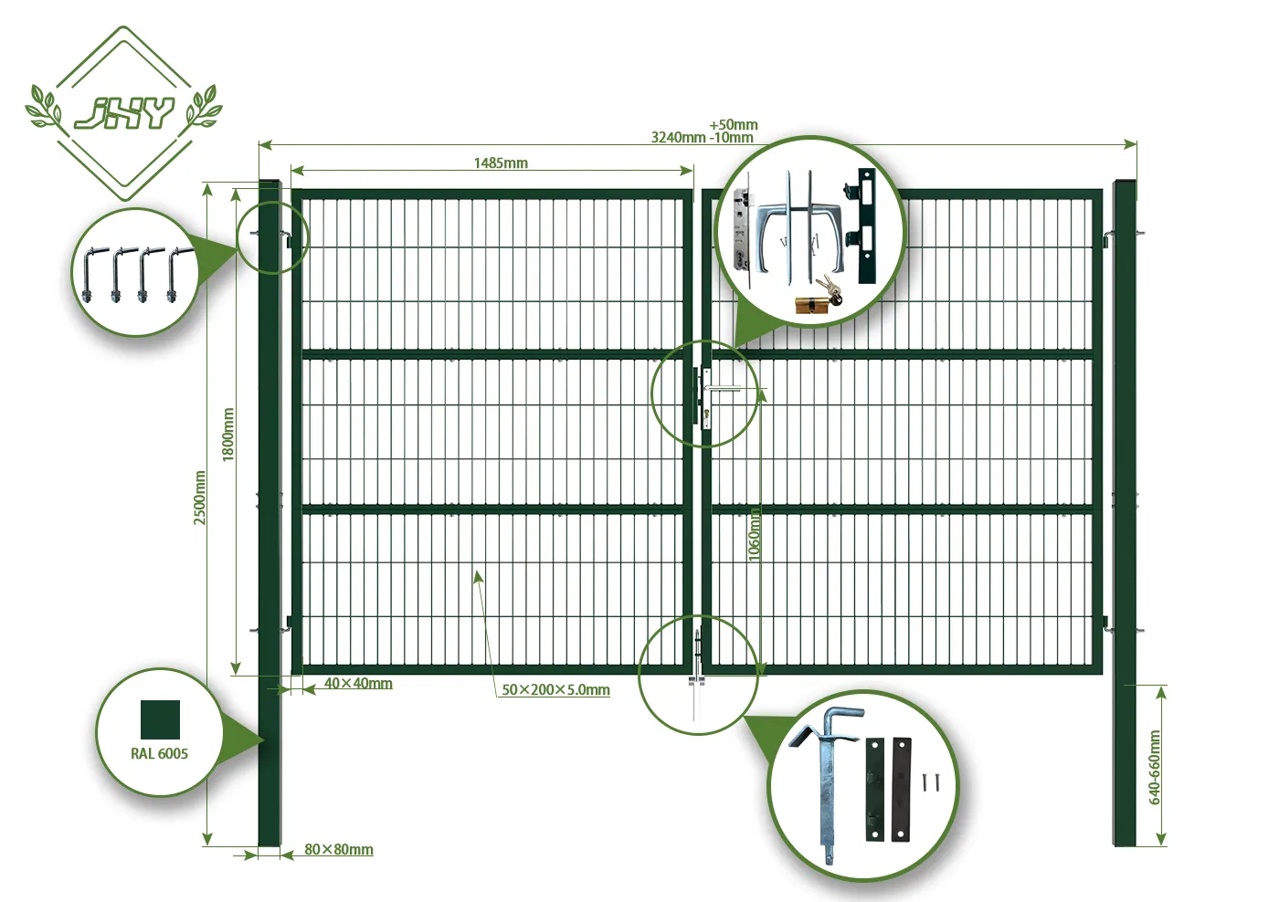 COMPOSITE WIRE MESH GARDEN GATE WIDTH 300CM & HEIGHT 200CM GREEN & GREY SQUARE POST & FRAME