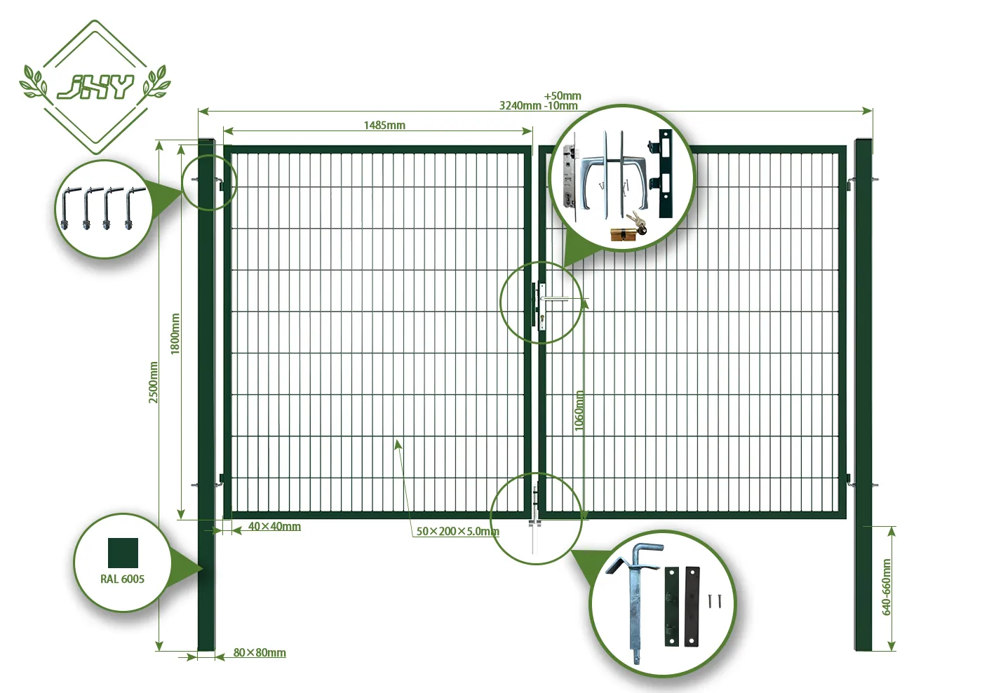 2D MESH FENCING GARDEN GATES WIDTH 300CM & HEIGHT 180CM GREEN & GREY SQUARE POST & FRAME