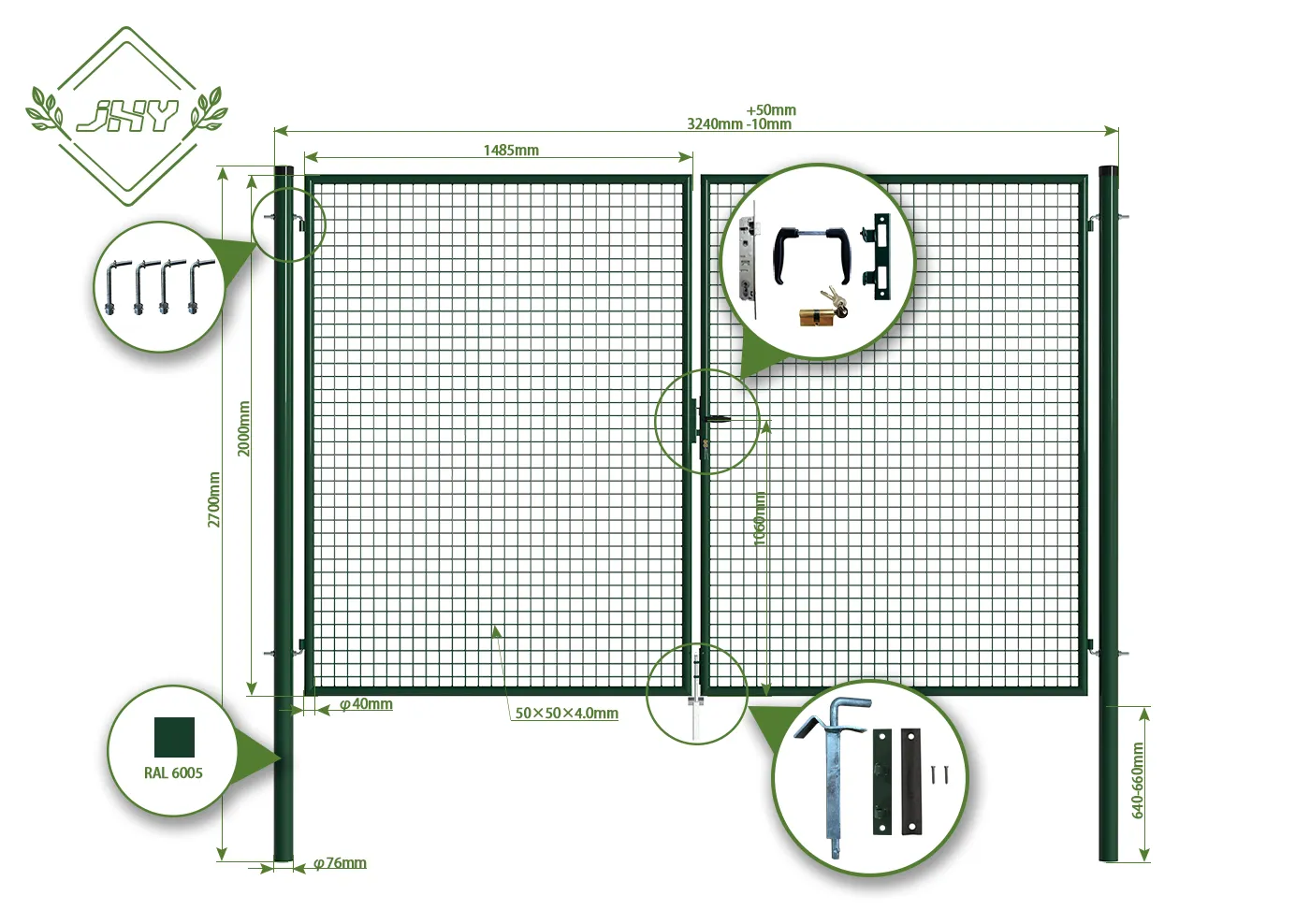 MESH FENCE GARDEN GATES WIDTH 300CM & HEIGHT 200CM GREEN & GREY SQUARE POST & FRAME