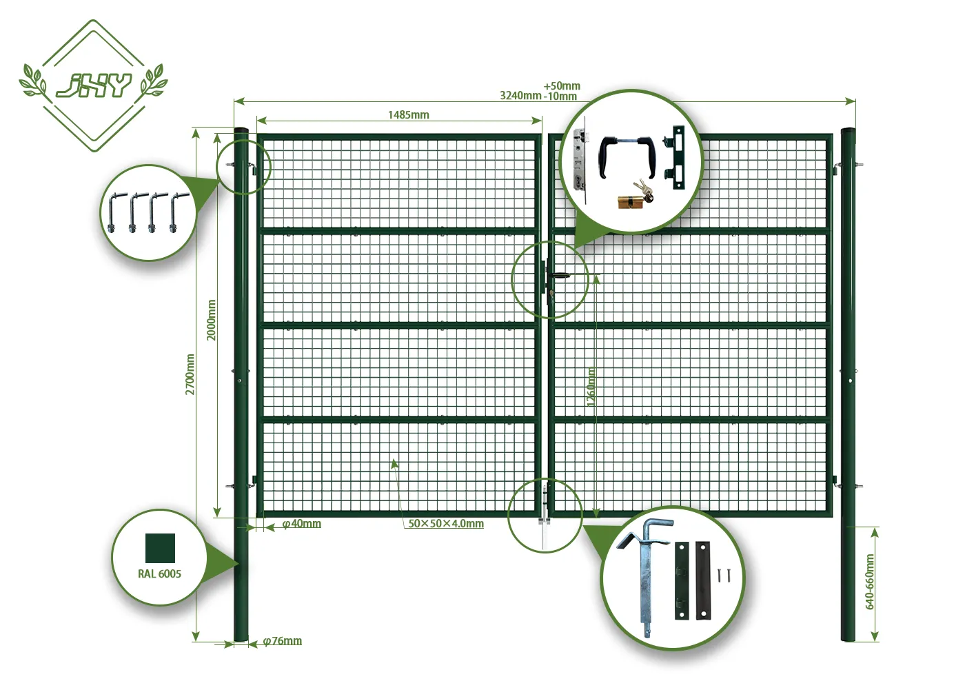 COMPOSITE FENCING GATE WIDTH 300CM & HEIGHT 200CM GREEN & GREY SQUARE POST & FRAME