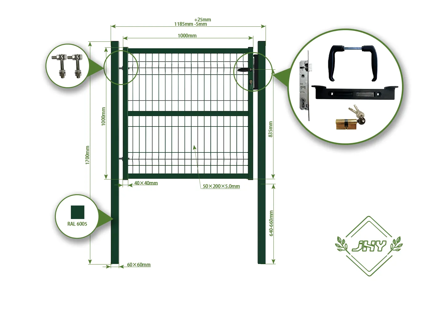 3D FENCING GARDEN GATE WIDTH 100CM & HEIGHT 100CM GREEN & GREY SQUARE POST & FRAME