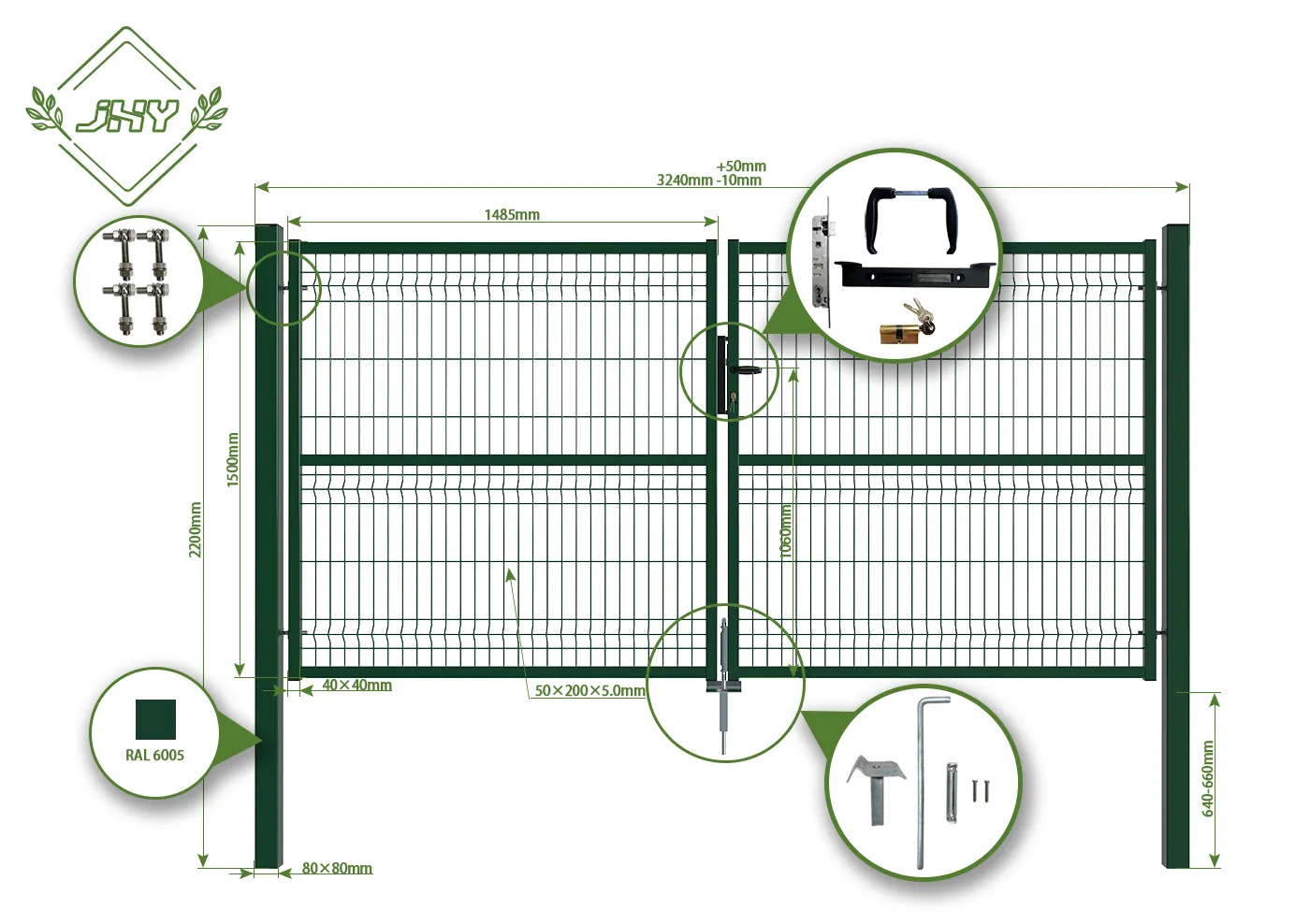3D FENCING GARDEN GATE WIDTH 300CM & HEIGHT 150CM GREEN & GREY SQUARE POST & FRAME