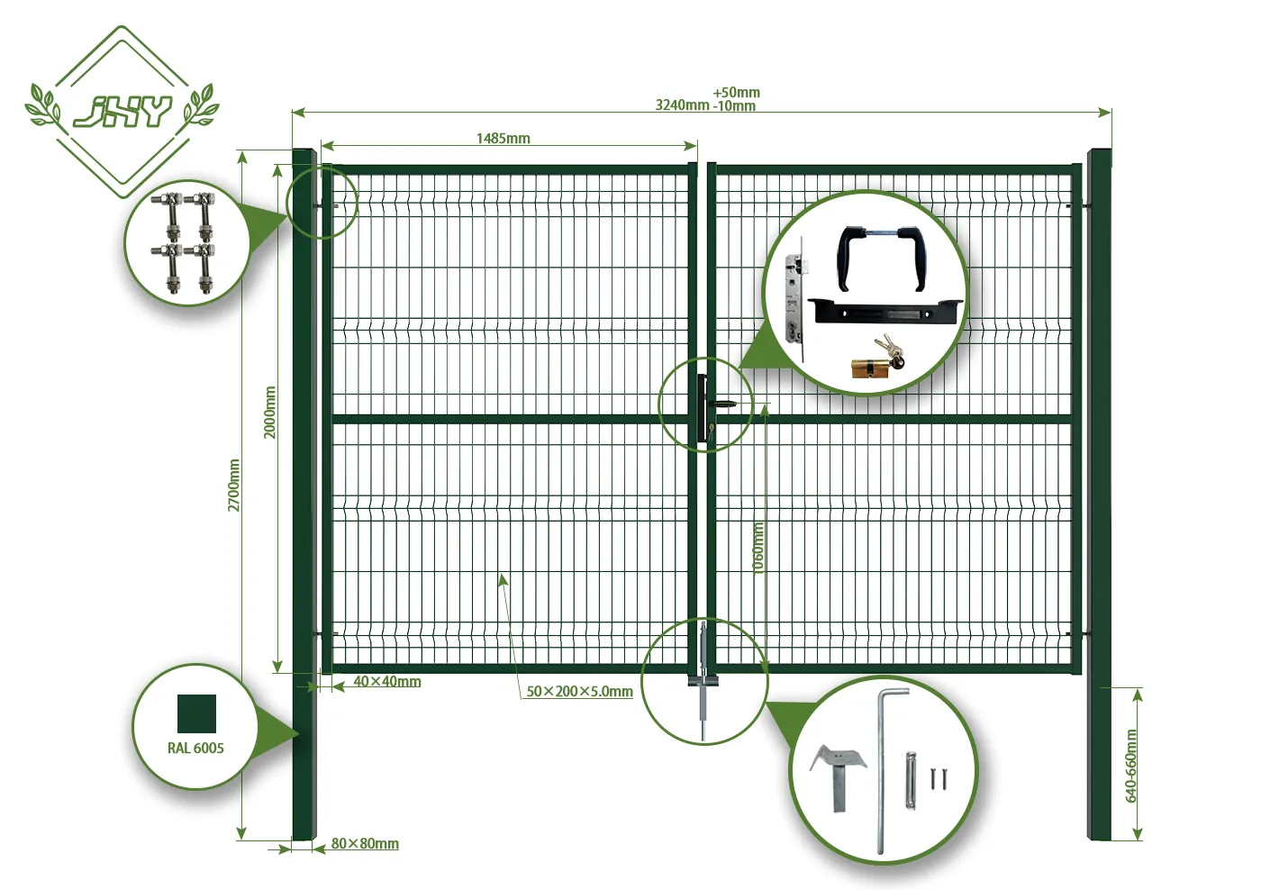 3D FENCING GARDEN GATE WIDTH 300CM & HEIGHT 200CM GREEN & GREY SQUARE POST & FRAME
