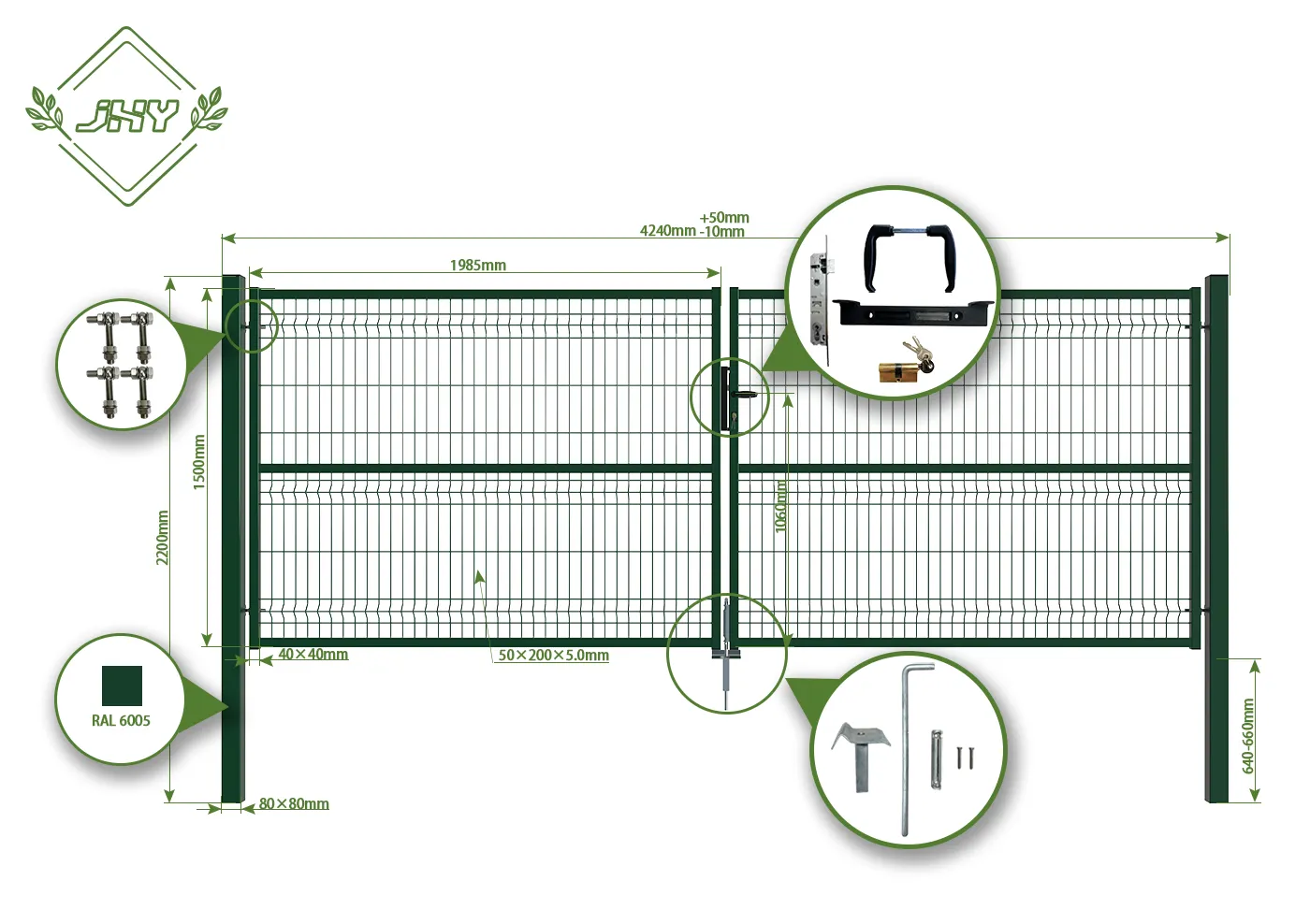 3D FENCING GARDEN GATE WIDTH 400CM & HEIGHT 150CM GREEN & GREY SQUARE POST & FRAME