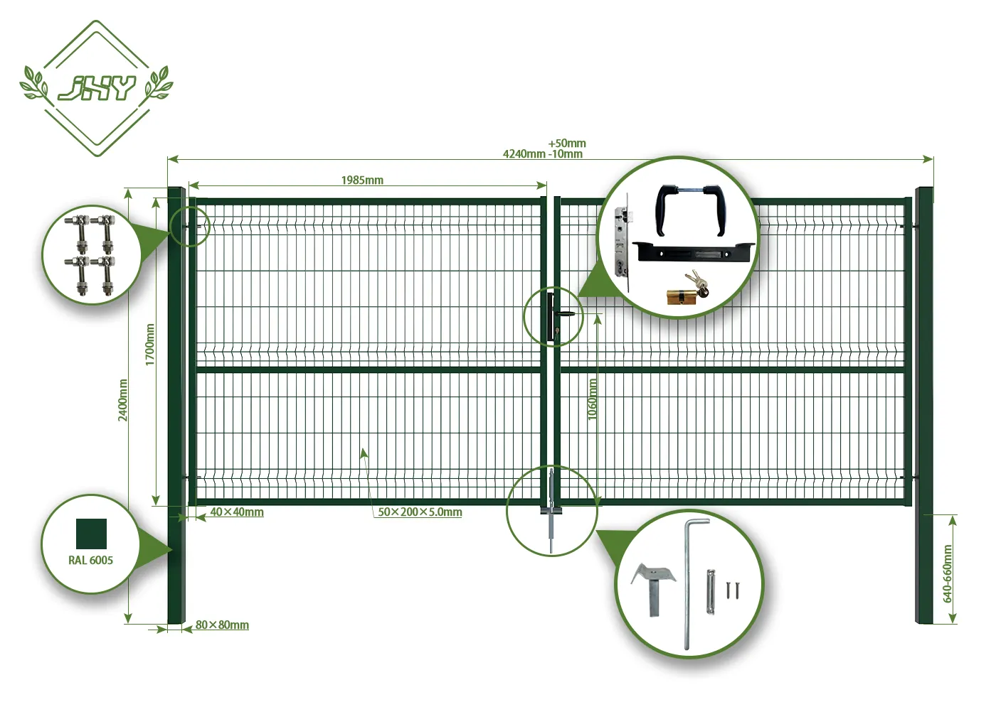 3D FENCING GARDEN GATE WIDTH 400CM & HEIGHT 170CM GREEN & GREY SQUARE POST & FRAME