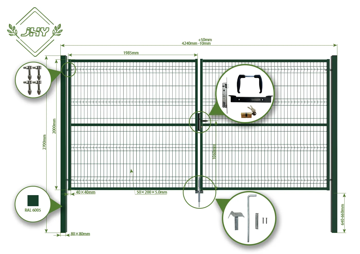 3D FENCING GARDEN GATE WIDTH 400CM & HEIGHT 200CM GREEN & GREY SQUARE POST & FRAME